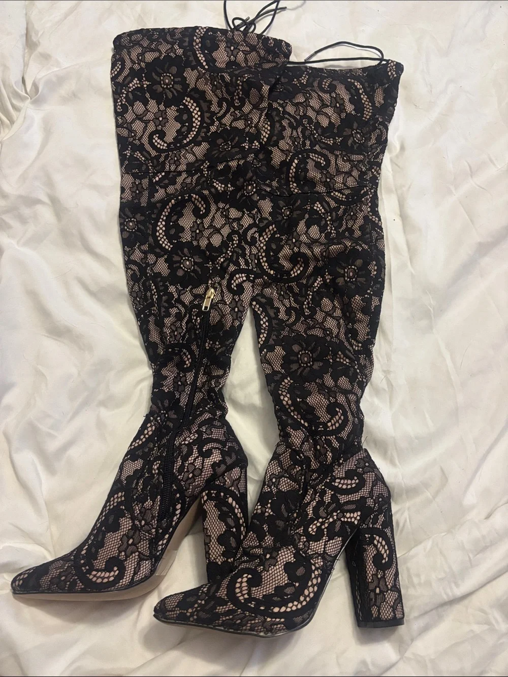 New Lace-Overlay Knee-High Block Heel Boots - Black/Nude